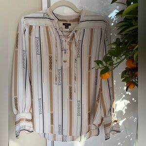 Ann Taylor White, Tan & Black Lace-Up Striped Blouse